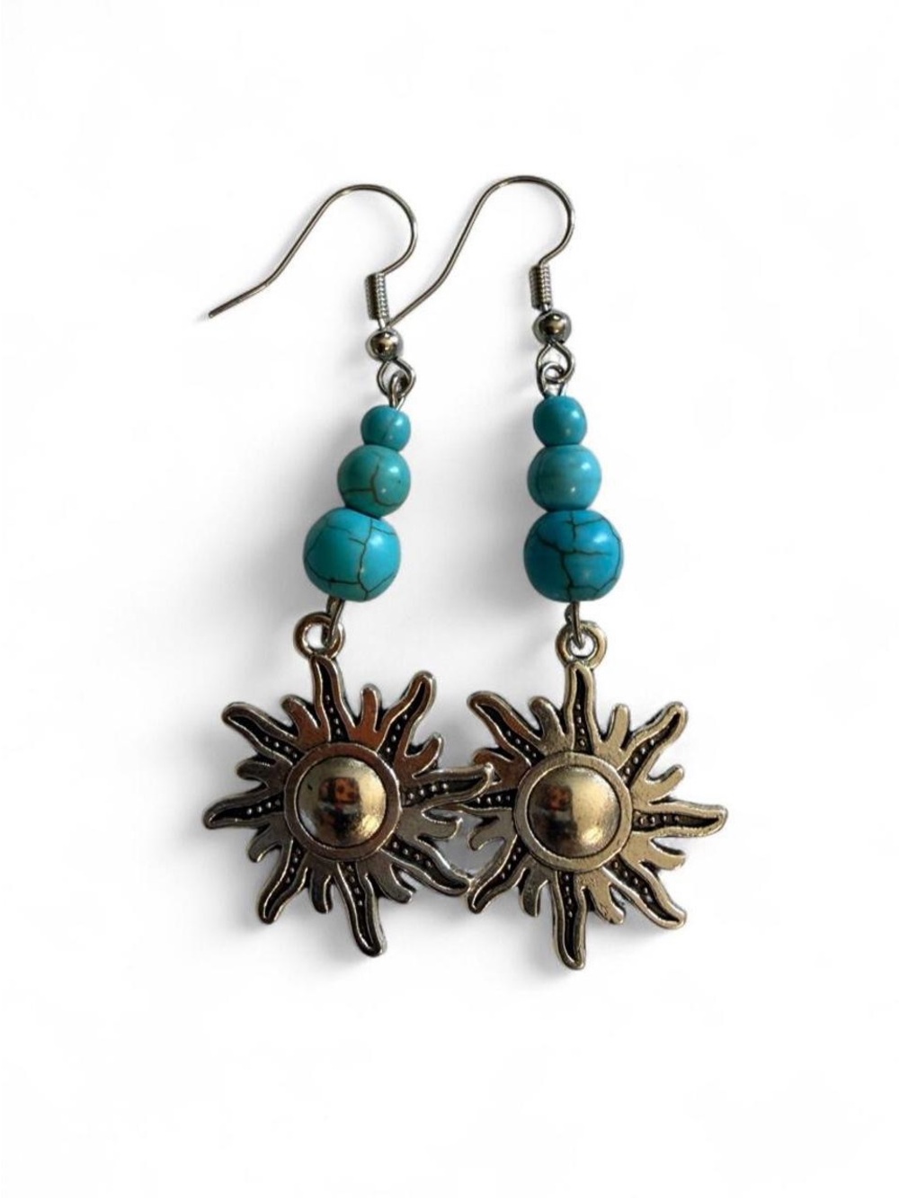 Handmade Turquoise Beaded Silver Sun Charm Earrings Boho
